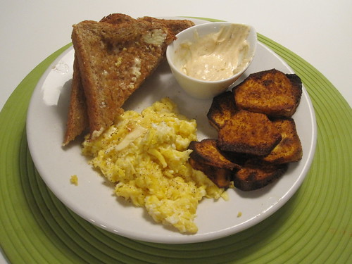 scrambled eggs, toast, roasted sweet potato, spicy mayo