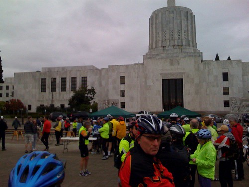 Riders of the 2009 Monster Cookie line up at the registration in front of the Oregon Capitol building. Chilly morning...