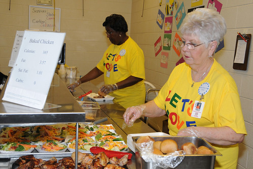 Child Nutrition Assistants Shirley Ryals and Carrie Crump serve nutritious foods to Thomasville Primary School students during the lunch meal showcasing why their school won a USDA HealthierUS School Challenge Gold Award (USDA photo by Debbie Haston-Hilger) 
