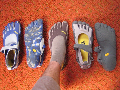 Vibram Five Finger models: KSO (blue), Classic (brown), Sprint (gray)