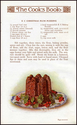 Click on this image to see a larger copy of this 1930s plum pudding recipe. Scan by Daily Bungalow.