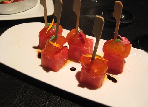 Watermelon Tomato Skewers @ The Bazaar by Jose Andres by you.