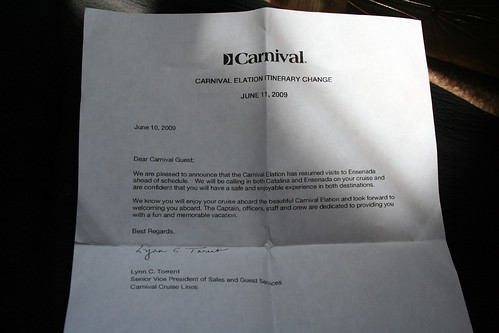 Carnival Elation - Itinerary Change Letter
