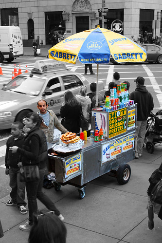 hot dog stand. sabrett hot dog stand.