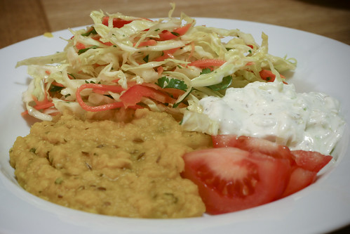 Dal with Raita and Cabbage Slaw