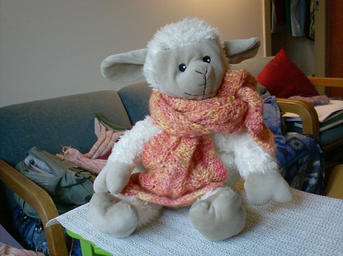 Sheepy Hot Hugs sheep in handspun handknit wool orange scarf