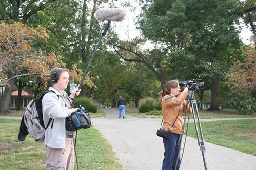 director Melissa Godoy shoots in OTR's Washington Park, assisted by Ken Petrosky (courtesy of Joe Brinker & Steve Dorst)