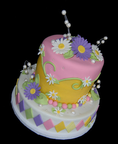 Pink Purple and Yellow Daisy Birthday Cake