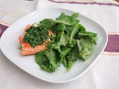 Salmon with Basil Mint Sauce with Mixed Greens with Lemon Anchovy Parsley Dressing