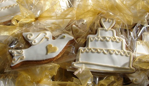 Gold and white dove and wedding cake biscuits for a 50th Wedding Anniversary