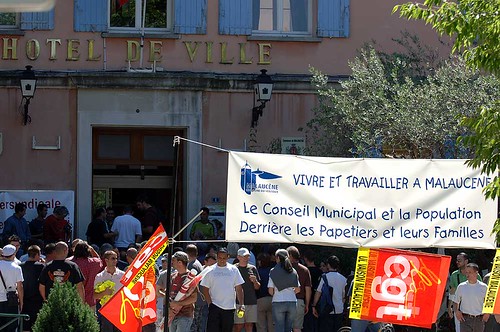 Demonstration outside Malaucene town hall - closure of the Papeteries de Malaucene after nearly five centuries of non-stop operation. Click on pic to see FULL SIZE image