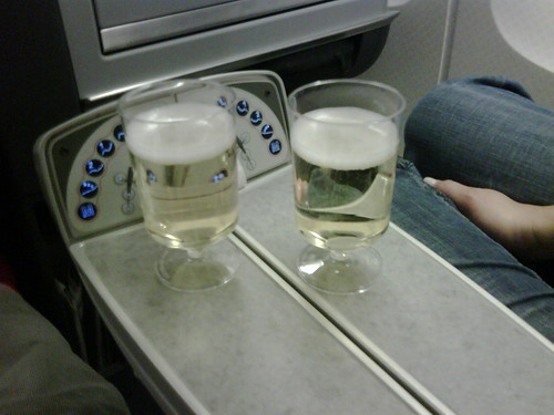 business class on american airlines ORD to CDG - complimentary champagne toast
