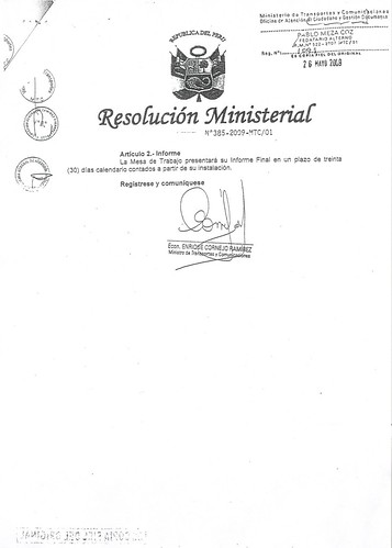 Sindicato de Trabajadores del Ferrocarril Huancayo huancavelica -Resolución  Ministerial 385 -2009-MTC/01 -03