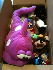 A box of unwanted stuffed animals