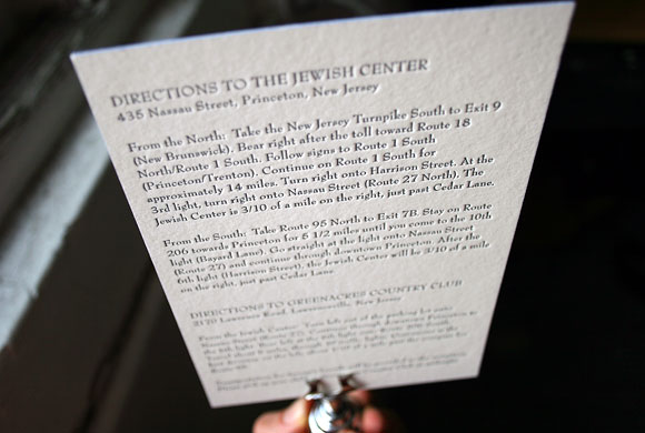 Letterpress direction card for a Bar Mitzvah invitation suite - by Smock 