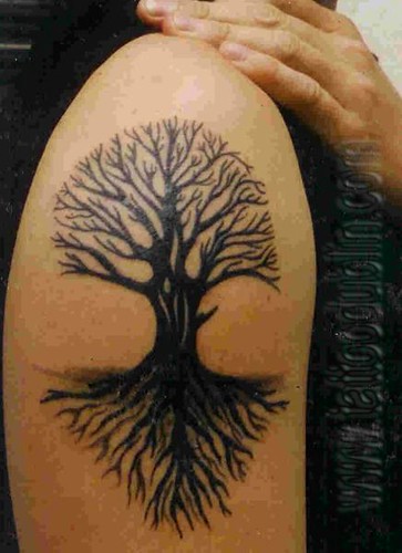 tribal tree tattoo. black tattoo by dublin ireland tattoo artist 'Pluto' 