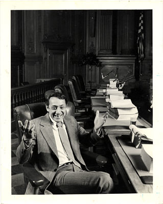 Harvey Milk in Board of Supervisors Chambers in City Hall at the Budget Hearings openings, 1978