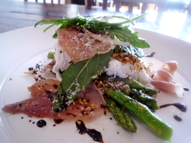 Prosciutto, baked asparagus, parmesan and rocket topped with two poached eggs and dukkah