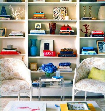 Colorful bookcase display + white living room,house, interior, interior design