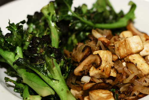 Pan-fried Tofu and Mushrooms with Purple Sprouting Broccoli