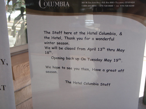 Hotel Columbia Off Season Sign