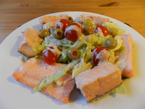 Nuked salmon with salad