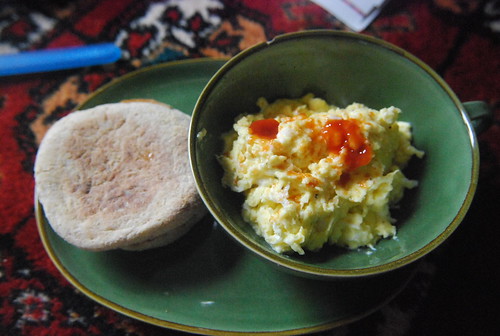 Scrambled eggs and English muffin