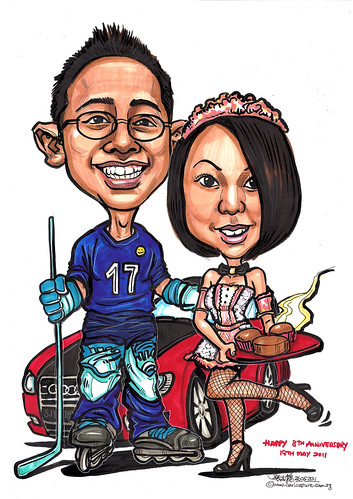 Hockey player and French maid couple caricatures
