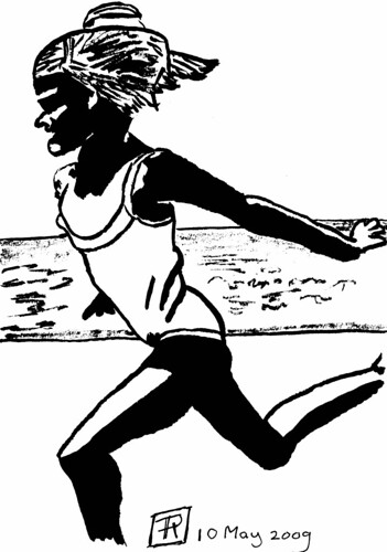 little cartoon girl running. girl running on the beach.