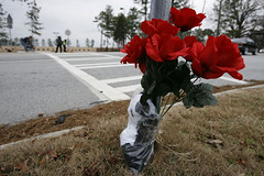Flowers left at the crosswalk on Monday afternoon, Princeton Elementary School, Lithonia, Georgia