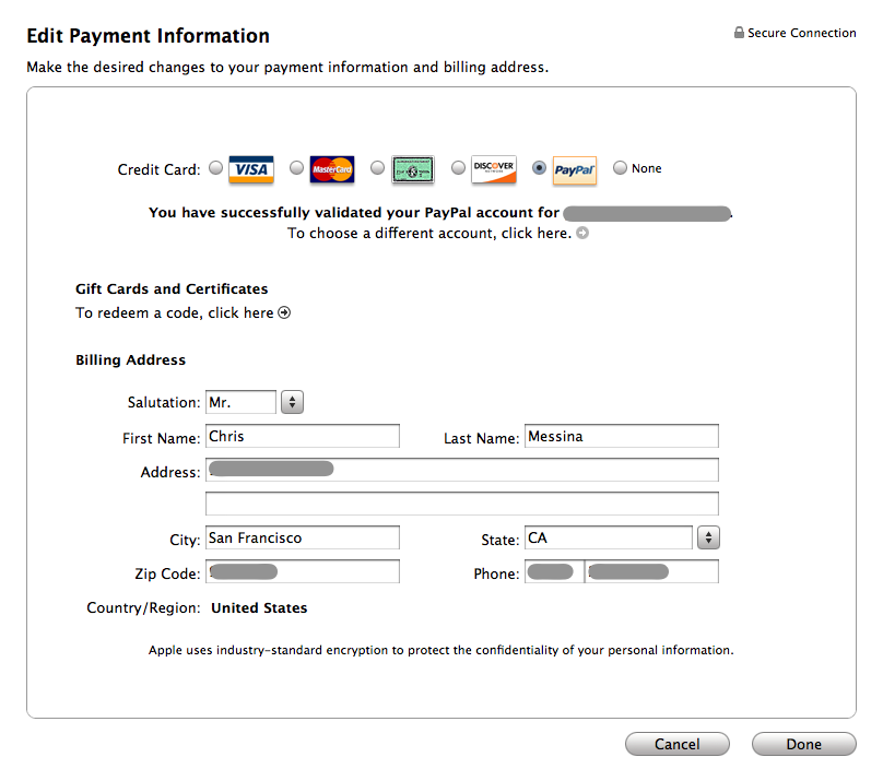 iTunes Payment Information