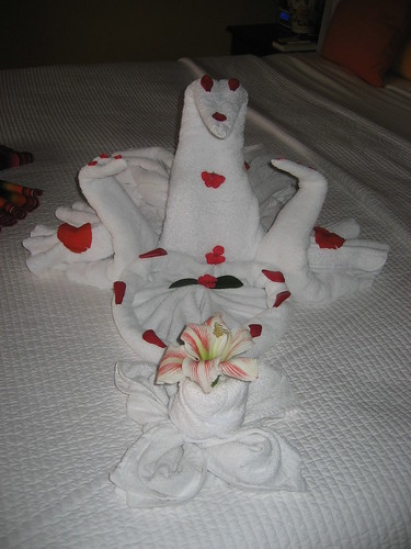 Origami towels with petals and flowers, part of the honeymoon package