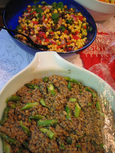 close up of corn and black bean salad and quinoa salad