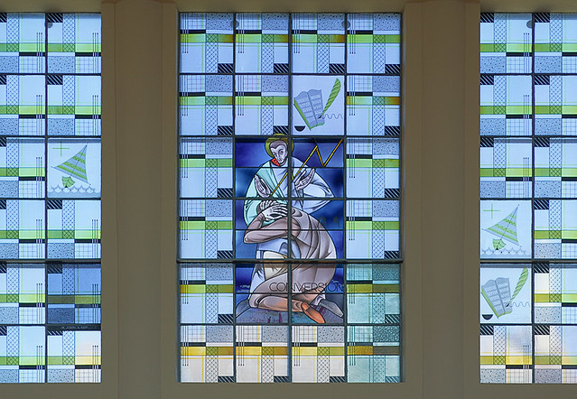 Saint Paul Roman Catholic Church, in Highland, Illinois, USA - stained glass window of the conversion of Saint Paul