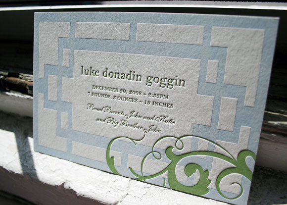 Blue and green letterpress baby announcement - Smock