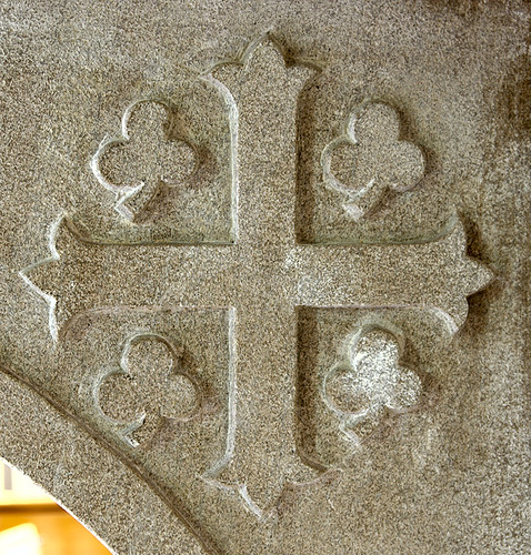 Former Daughters of Charity chapel, at the University of Missouri - Saint Louis, in Normandy, Missouri, USA - carved cross with shamrocks