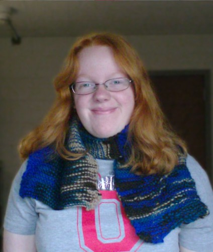 Joy wearing boyfriend's first garter stitch scarf in Paton's Classic Wool Merino