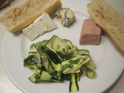 cheese, pâté, bread, courgette salad