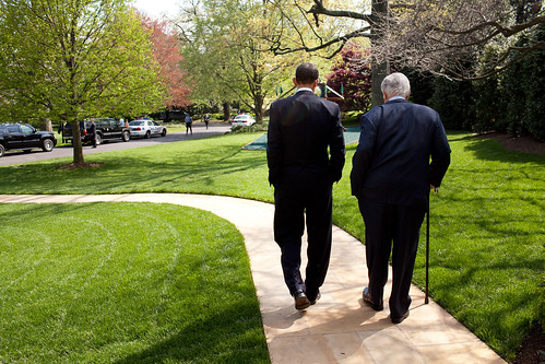 President Barack Obama and Senator Ted Kennedy walk on the grounds of the White House, before signing of the Kennedy Service Act at the SEED School in Washington D.C. 4/21/09. Official White House Photo by Pete Souza 