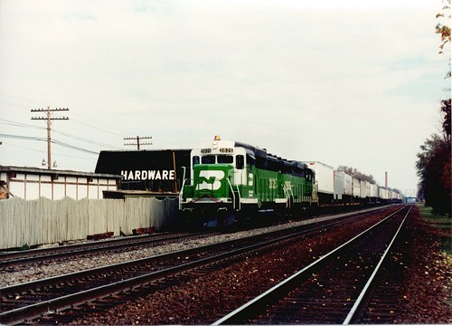 Westbound Burlington Northern freight train with white faced EMD GP-30 roadswitchers. Hindsdale Illinois. October 1989. by Eddie from Chicago