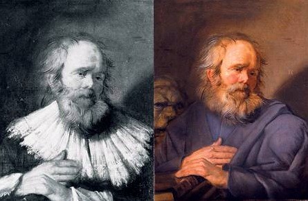 Frans Hals (Flemish, 1580-1666) St. Mark. Oil on canvas. 27 by 20 3/4 in. (68.5 by 52.5 cm). Colnaghi Gallery, Munich. Previous to restoration (Left) and after restoration (Right).