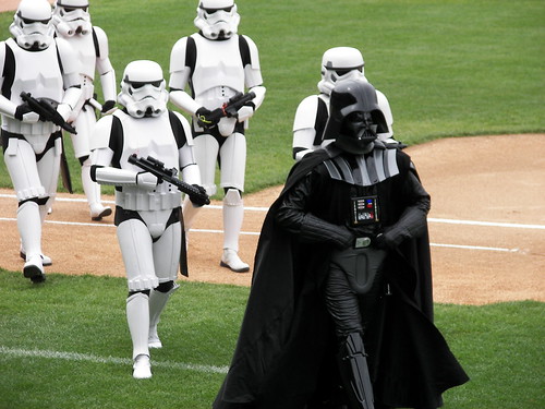 Darth Vader walking off the field after thowing out the first pitch