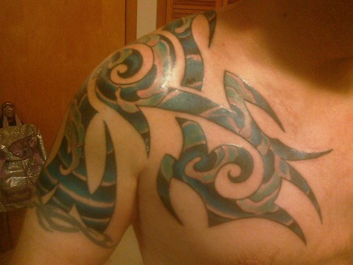 tribal tattoos chest to arm. Flash tribal 3-D chest / arm