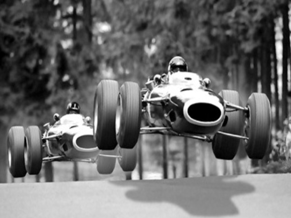 BRM teammates Jackie Stewart and Graham Hill achieving liftoff in 1966