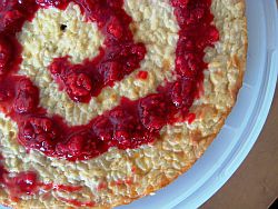 Coconut Rice Pudding Cake with Raspberry Compote