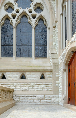 Saint Francis Xavier (College) Church, at Saint Louis University, in Saint Louis, Missouri, USA - exterior detail of stained glass window