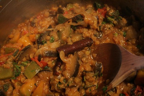 Curried aubergines with red lentils