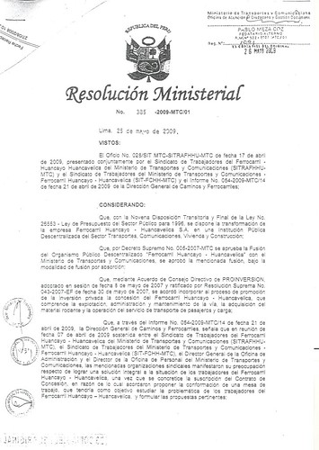 Sindicato de Trabajadores del Ferrocarril Huancayo huancavelica -Resolución  Ministerial 385 -2009-MTC/01 -01