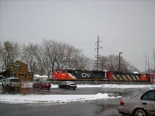 Westbound Cabadian National freight train waiting on a hold order. Berwyn Illinois. December 2007.