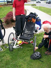 Pumping up the tires on a recumbent